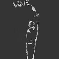 a black and white drawing of a man with the word love